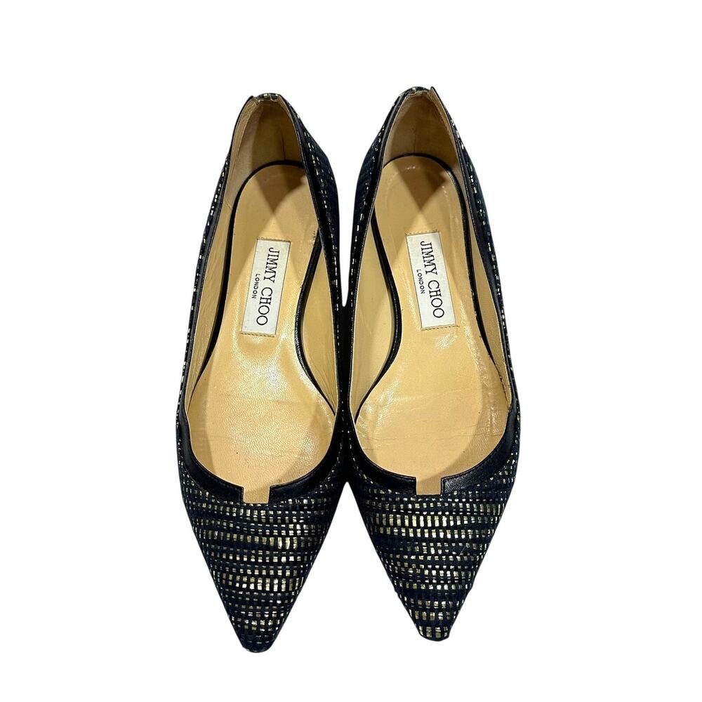 Jimmy Choo Black Gold Woven Pointed Toe Ballet Flat Designer Italy 37.5 Womens